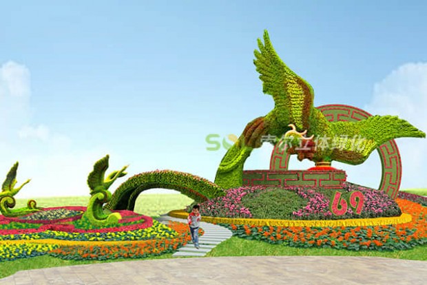 国庆主题绿雕“百鸟朝凤”设计效果图